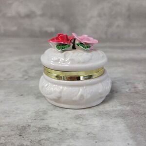 Hand Painted Trinket Box Ceramic Red Pink‎ Roses Gold Trim Jewelry Ring Box